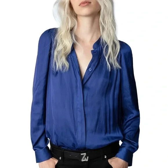 Zadig Voltaire womens Touchy Satin Shirt Blouse Top size Small Blue Flag $358 - Picture 1 of 10
